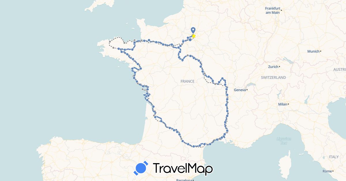 TravelMap itinerary: plane, cycling in France (Europe)